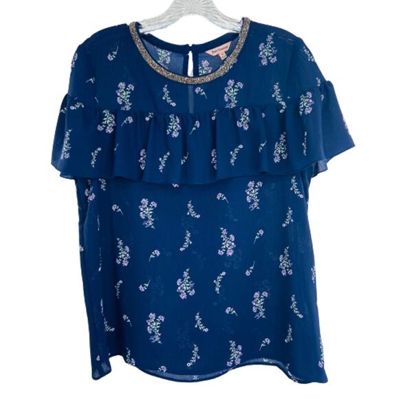 JUICY COUTURE Blue Floral Lightweight Chiffon Ruffle Bodice Beaded Neck Blouse M - Picture 1 of 14